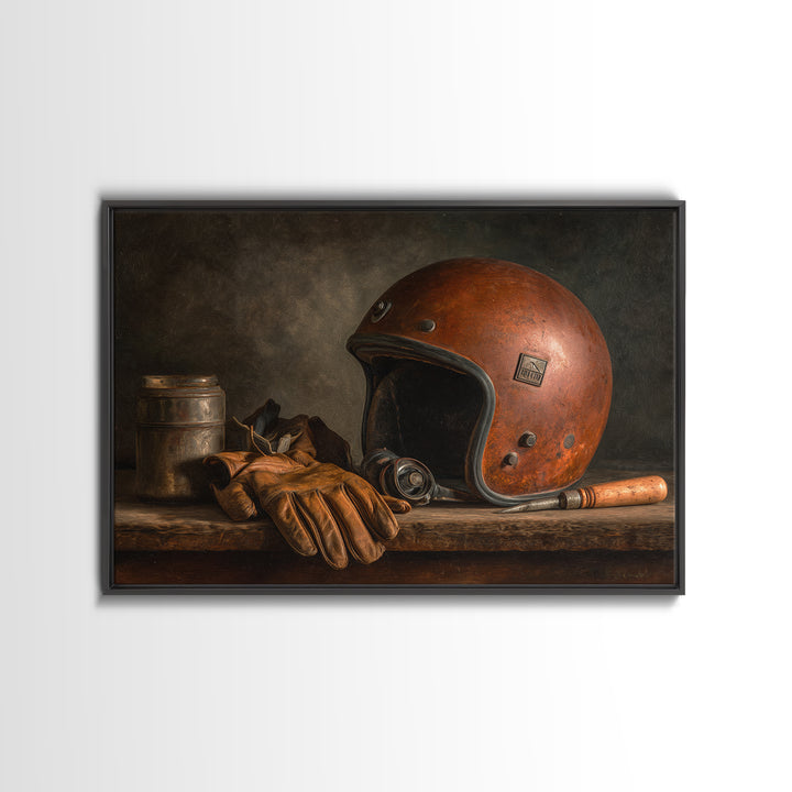 Motorcycle Helmet and Leather Gloves Still Life Canvas Print, Garage Art, Black and White Art, Garage Decor, Motor, Boho Decor, GAR-3x2-13