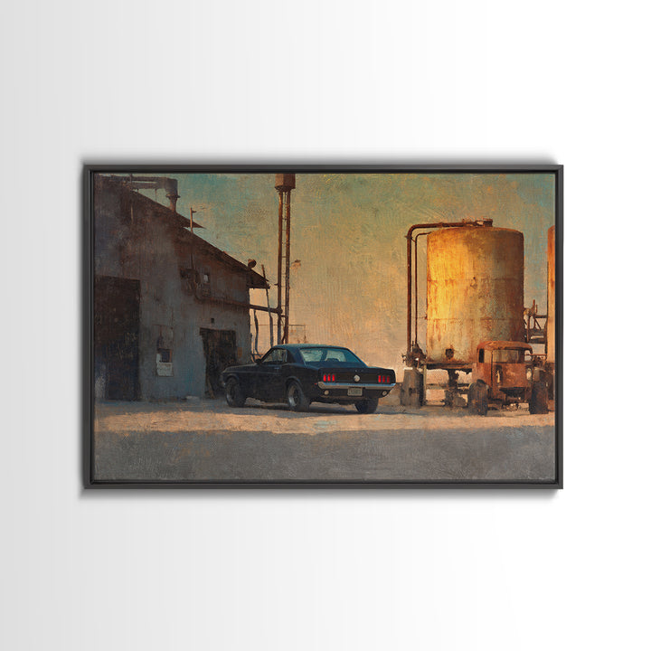 Desert Highway with Muscle Car Silhouette Framed Canvas Print, Garage Art, Game Room Decor, Garage Decor, Fine Art, Motor, GAR-3x2-25