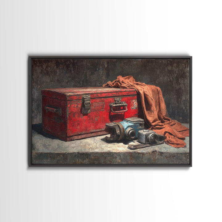 Old Toolbox with Oil Stained Rag Still Framed Canvas Print, Garage Art, Automotive Decor, Garage Decor, Fine Art, Motor, GAR-3x2-31