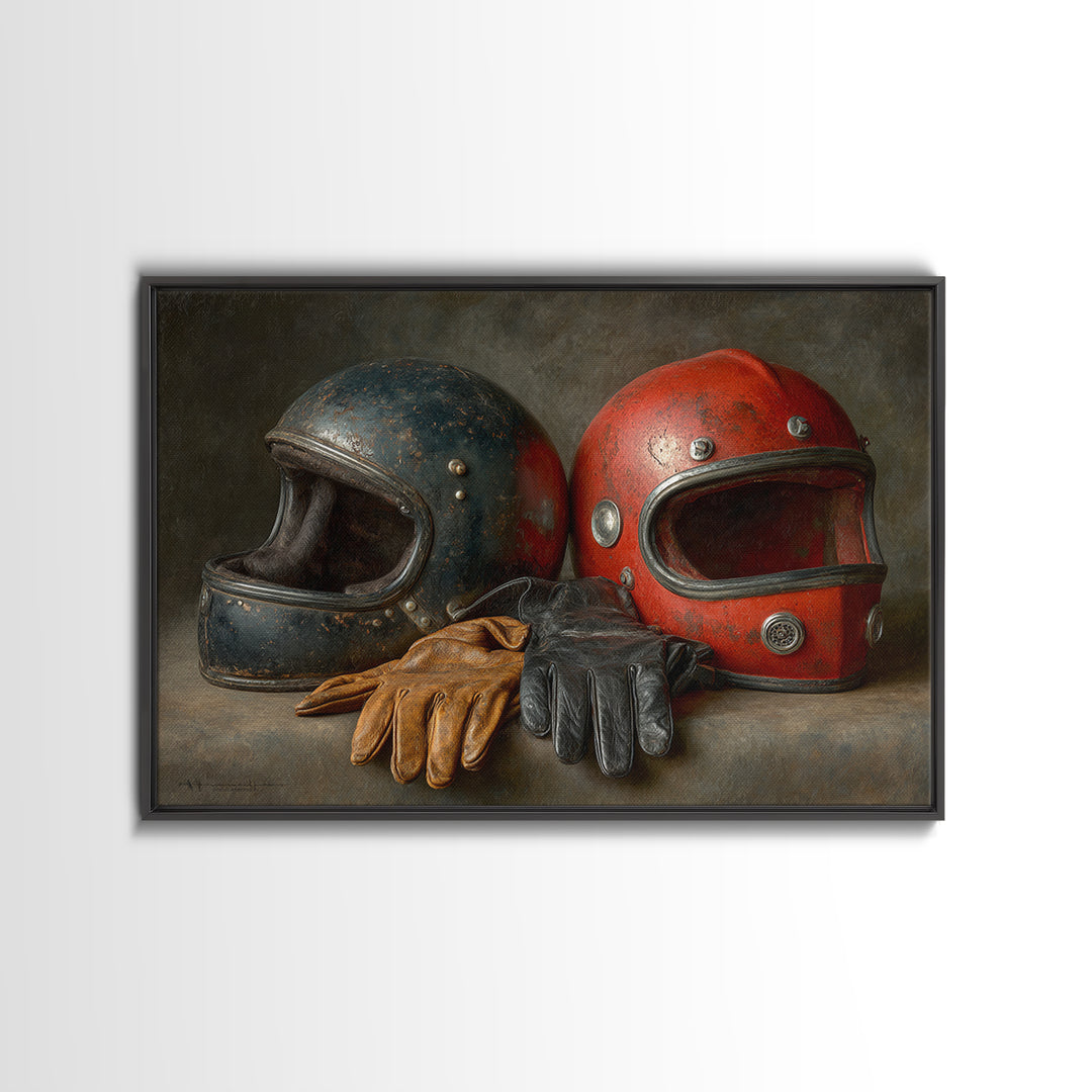 Motorcycle Helmet and Leather Gloves Still Life Canvas Print, Garage Art, Game Room Art, Garage Decor, Oil Painting, Motor, GAR-3x2-37
