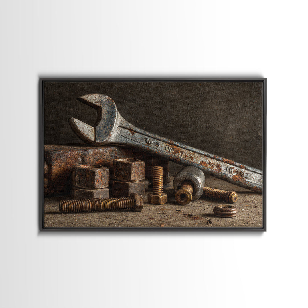 Wrench and Bolts Arranged Like Old Master Canvas Print, Garage Art, Industrial Wall Art, Garage Decor, Abstract Art, Motor, GAR-3x2-94
