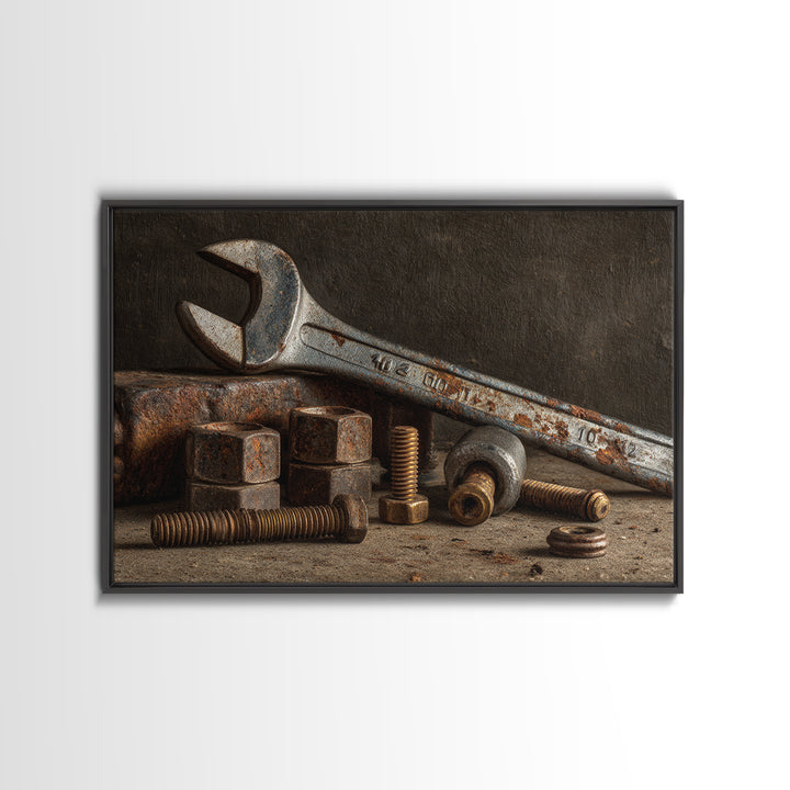 Wrench and Bolts Arranged Like Old Master Canvas Print, Garage Art, Industrial Wall Art, Garage Decor, Abstract Art, Motor, GAR-3x2-94