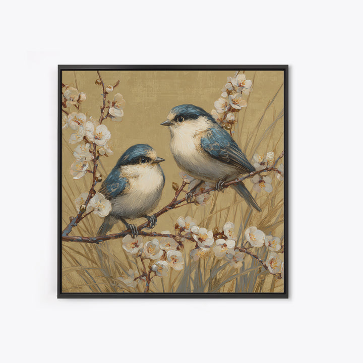 Small Bird Pair on Flowering Branch Framed Canvas Print, Guest Bedroom Art, Living Room Wall Art, Bedroom Decor, Watercolor Art, GBA-1x1-52