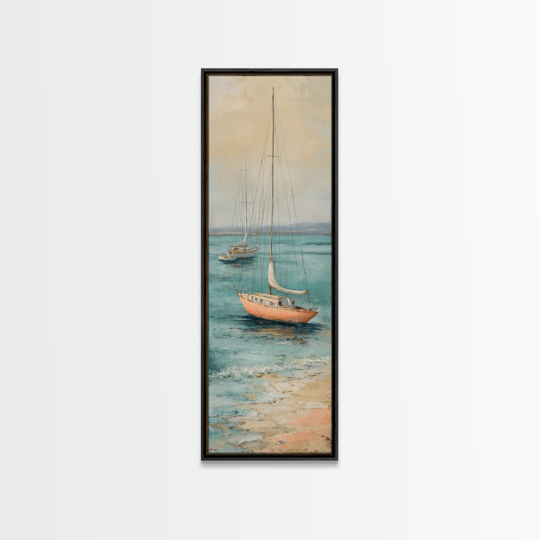 Soft Watercolor Sailboat on Quiet Water Framed Canvas Print, Guest Bedroom Art, Funky Wall Art, Bedroom Decor, Oil Painting, GBA-1x3-30