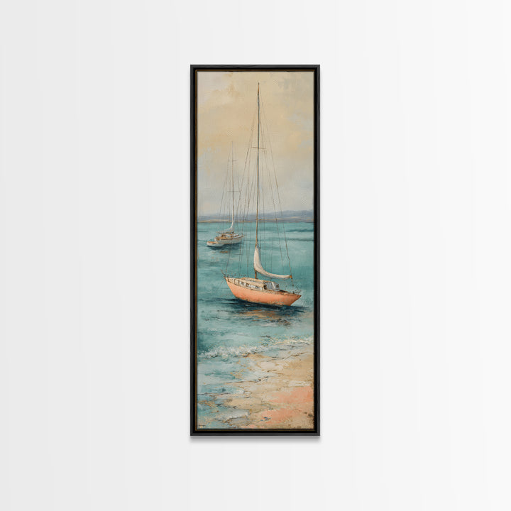 Soft Watercolor Sailboat on Quiet Water Framed Canvas Print, Guest Bedroom Art, Funky Wall Art, Bedroom Decor, Oil Painting, GBA-1x3-30