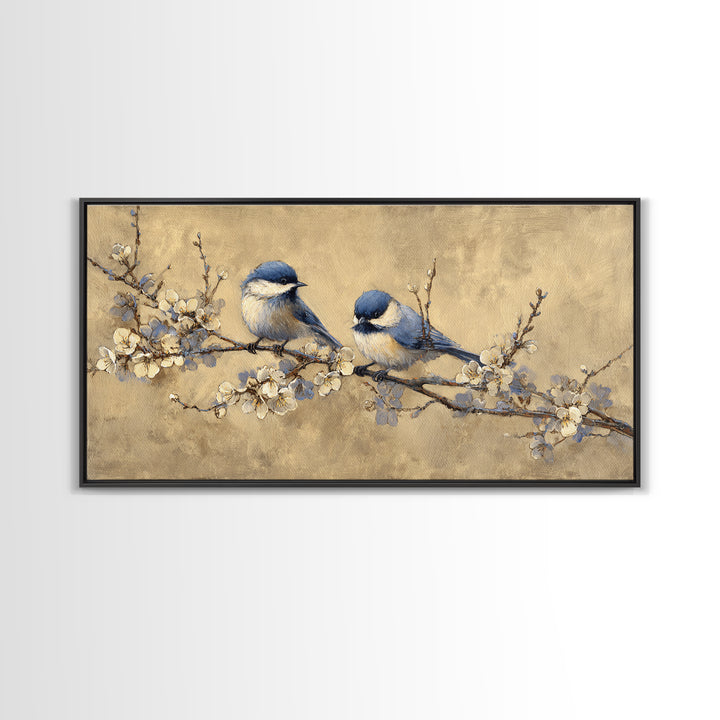 Small Bird Pair on Flowering Branch Framed Canvas Print, Guest Bedroom Art, Bedroom Decor, Oil Painting, Guest, GBA-2x1-24