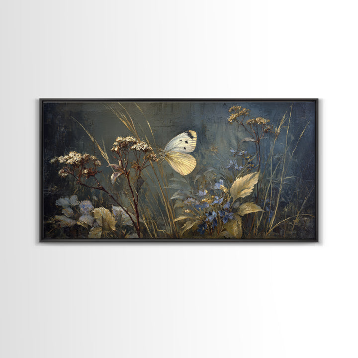Garden Butterfly and Flowers Specimen Study Framed Canvas Print, Guest Bedroom Art, Farmhouse Wall Art, Bedroom Decor, Guest, GBA-2x1-67