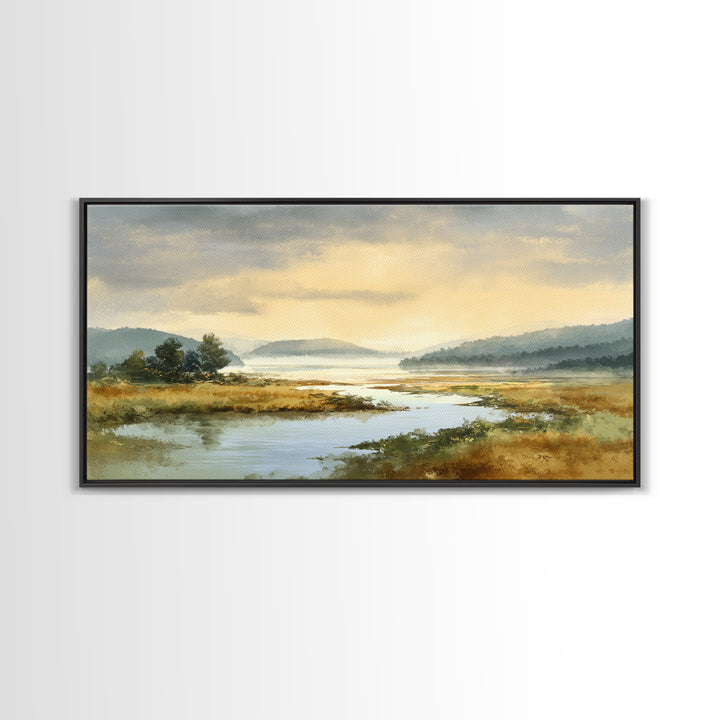 Quiet Lake Landscape at Early Morning Canvas Print, Guest Bedroom Art, Wall Decor, Bedroom Decor, Oil Painting, Guest, GBA-2x1-70
