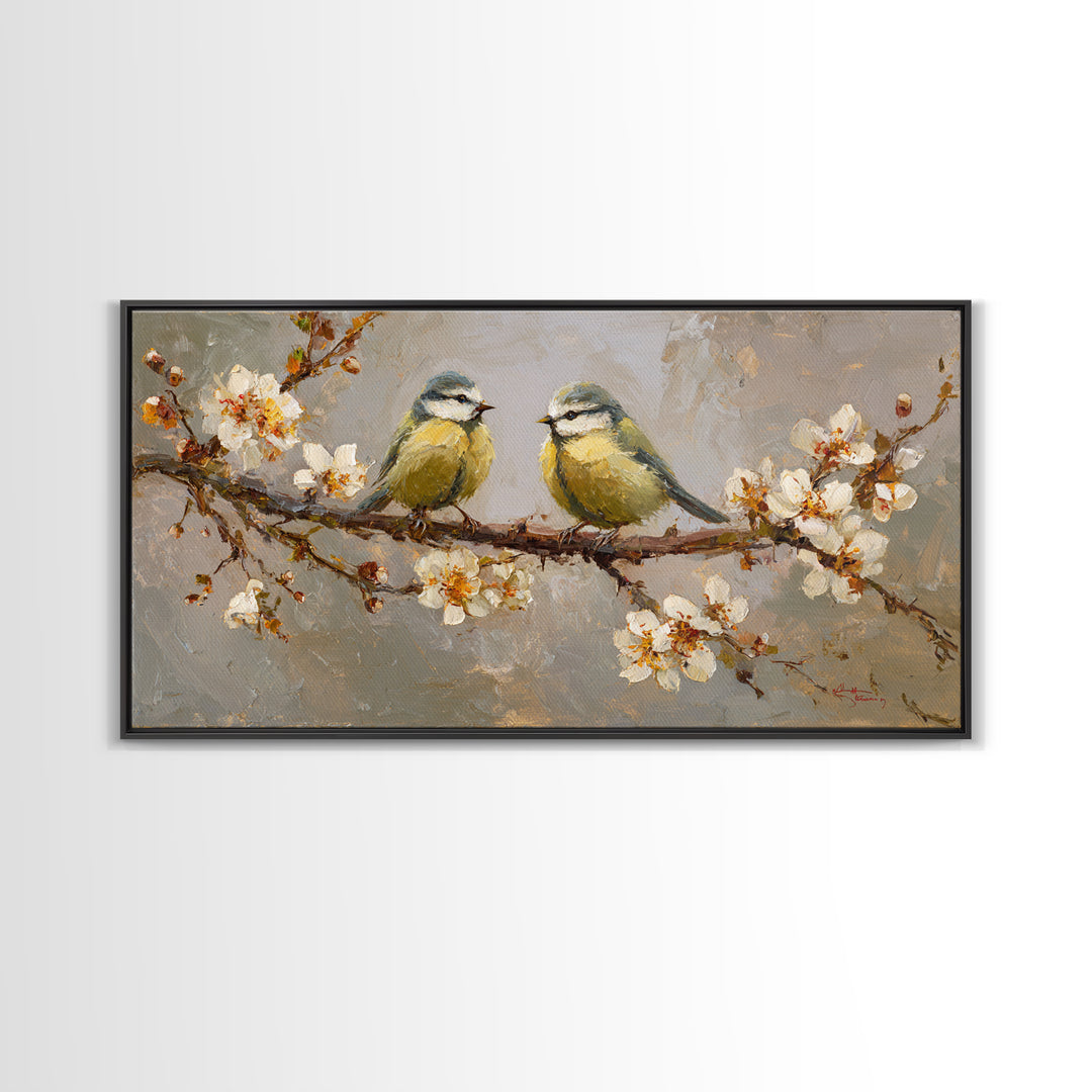 Small Bird Pair on Flowering Branch Framed Canvas Print, Guest Bedroom Art, Bedroom Decor, Watercolor Art, Guest, GBA-2x1-72