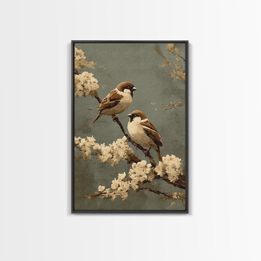 Small Bird Pair on Flowering Branch Framed Canvas Print, Guest Bedroom Art, Wall Art, Bedroom Decor, Watercolor Art, Guest, GBA-2x3-60