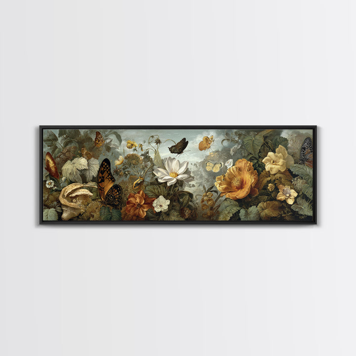 Garden Butterfly and Flowers Specimen Study Framed Canvas Print, Guest Bedroom Art, Farmhouse Wall Art, Bedroom Decor, Guest, GBA-3x1-15