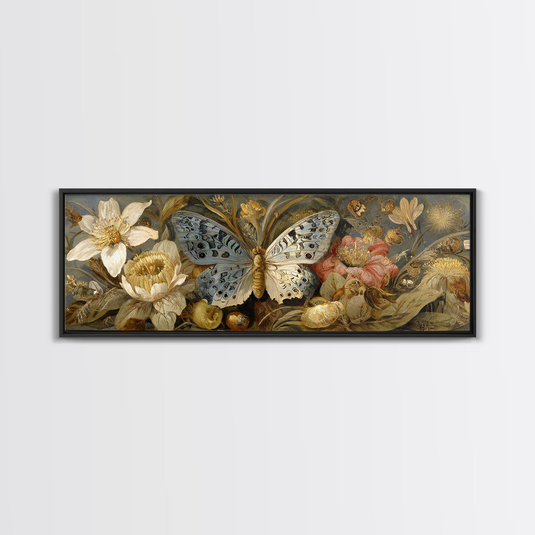 Garden Butterfly and Flowers Specimen Study Canvas Print, Guest Bedroom Art, Fine Art Print, Bedroom Decor, Oil Painting, Guest, GBA-3x1-39