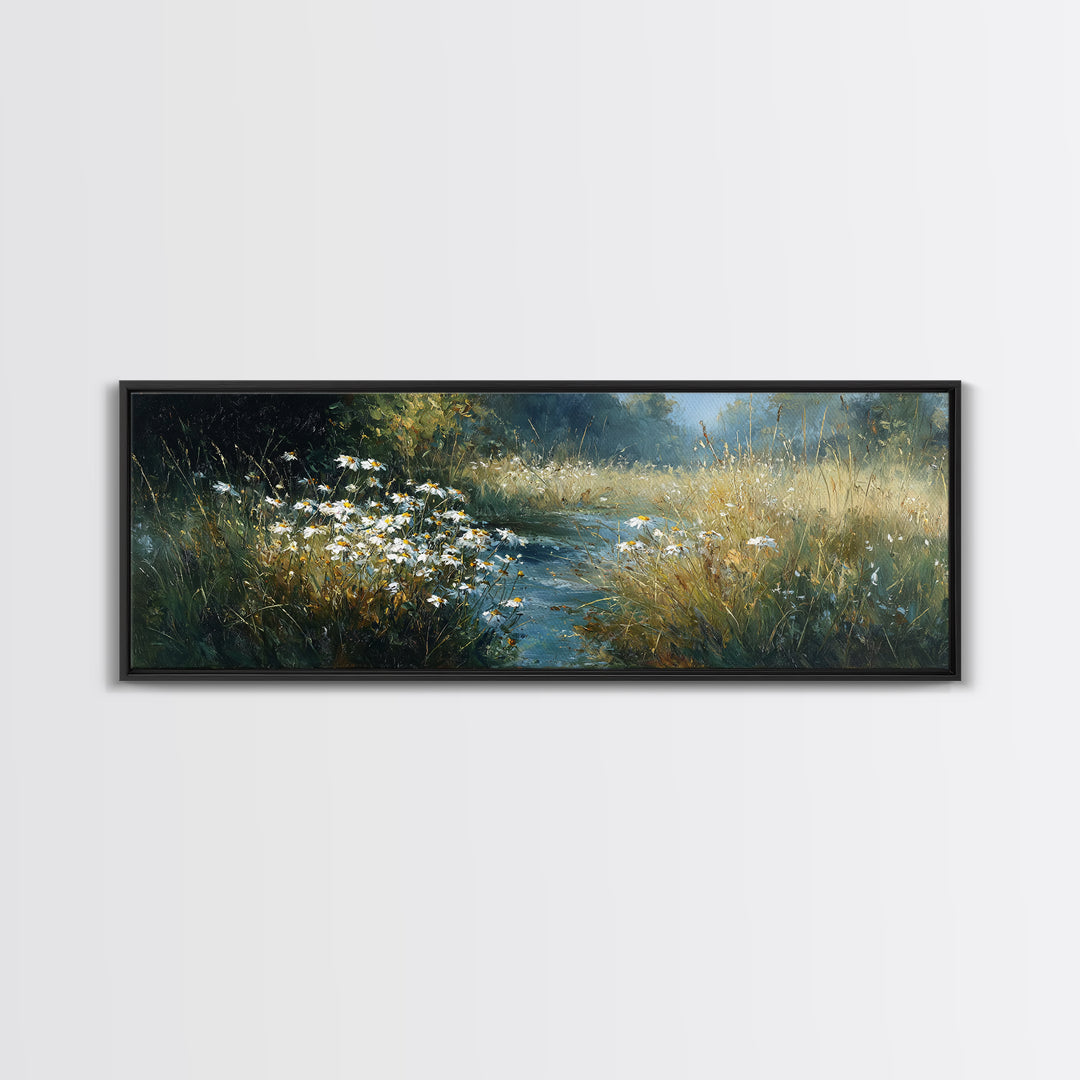 Sunlit Meadow with Delicate Flowers Framed Canvas Print, Guest Bedroom Art, Bedroom Decor, Oil Painting, Guest, GBA-3x1-55