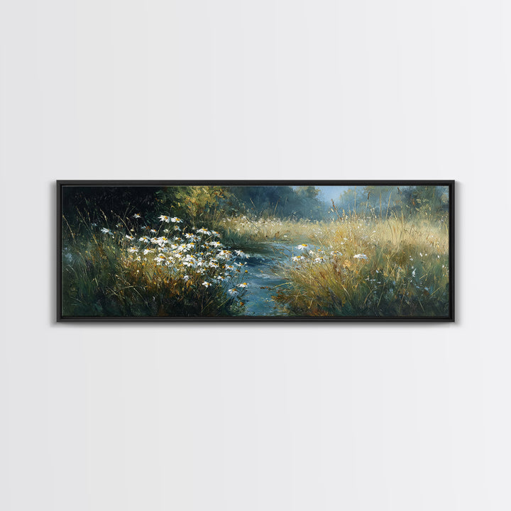 Sunlit Meadow with Delicate Flowers Framed Canvas Print, Guest Bedroom Art, Bedroom Decor, Oil Painting, Guest, GBA-3x1-55