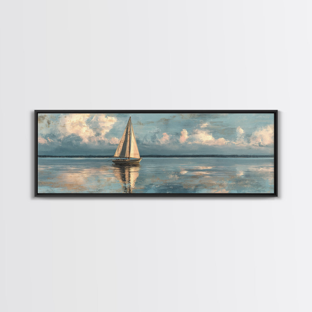 Soft Watercolor Sailboat on Quiet Water Framed Canvas Print, Guest Bedroom Art, New Home Gift, Bedroom Decor, Fine Art, Guest, GBA-3x1-58