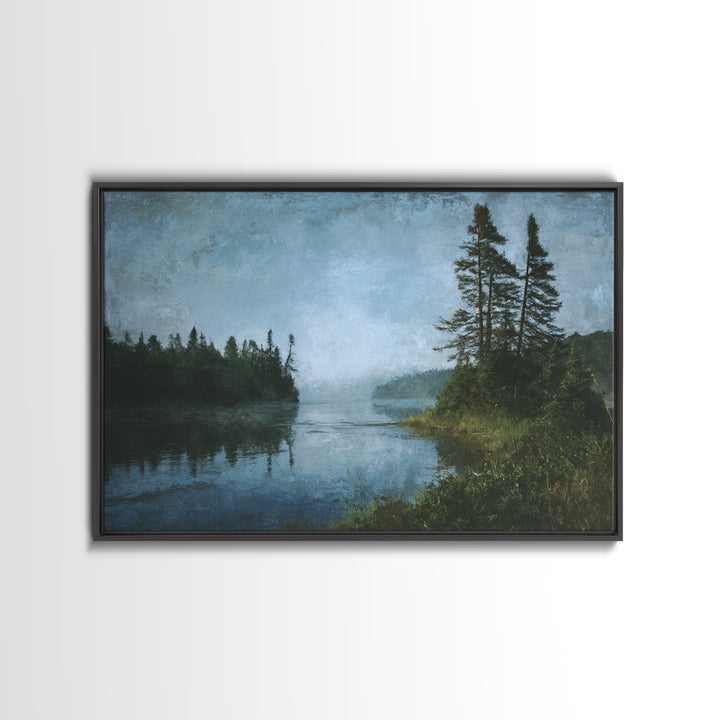 Quiet Lake Landscape at Early Morning Framed Canvas Print, Guest Bedroom Art, Bedroom Decor, Fine Art, Guest, Above Bed Decor, GBA-3x2-6