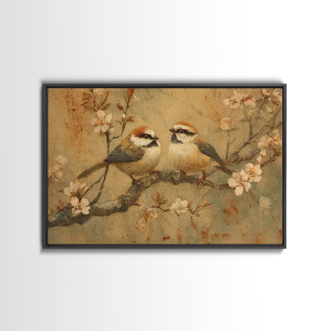 Small Bird Pair on Flowering Branch Framed Canvas Print, Guest Bedroom Art, Statement Artwork, Bedroom Decor, Fine Art, Guest, GBA-3x2-80
