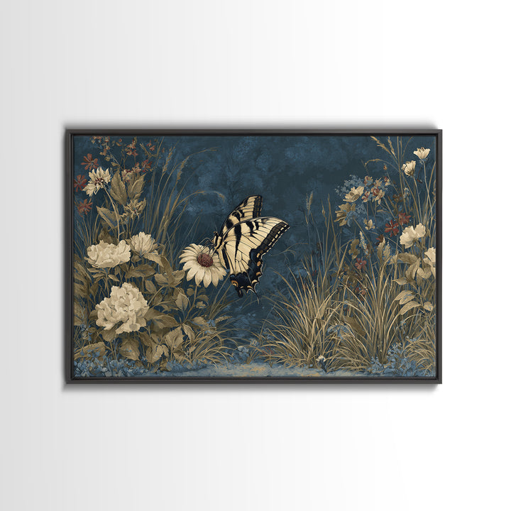 Garden Butterfly and Flowers Specimen Study Framed Canvas Print, Guest Bedroom Art, Minimalist Decor, Bedroom Decor, Guest, GBA-3x2-99