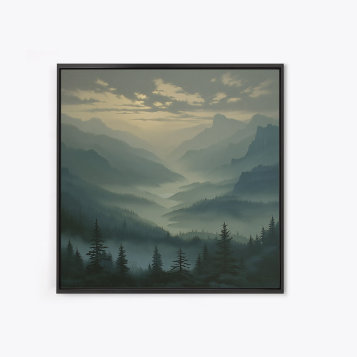 Misty Mountain Valley Framed Canvas Print, General Fine Art, Decor, Living Room Decor, Fine Art, Digital Wall Art, GEN-1x1-28
