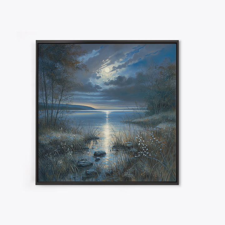 Dreamlike Moonlit Lake Framed Canvas Print, General Fine Art, Boho Decor, Living Room Decor, Fine Art, Wall Decor, GEN-1x1-61