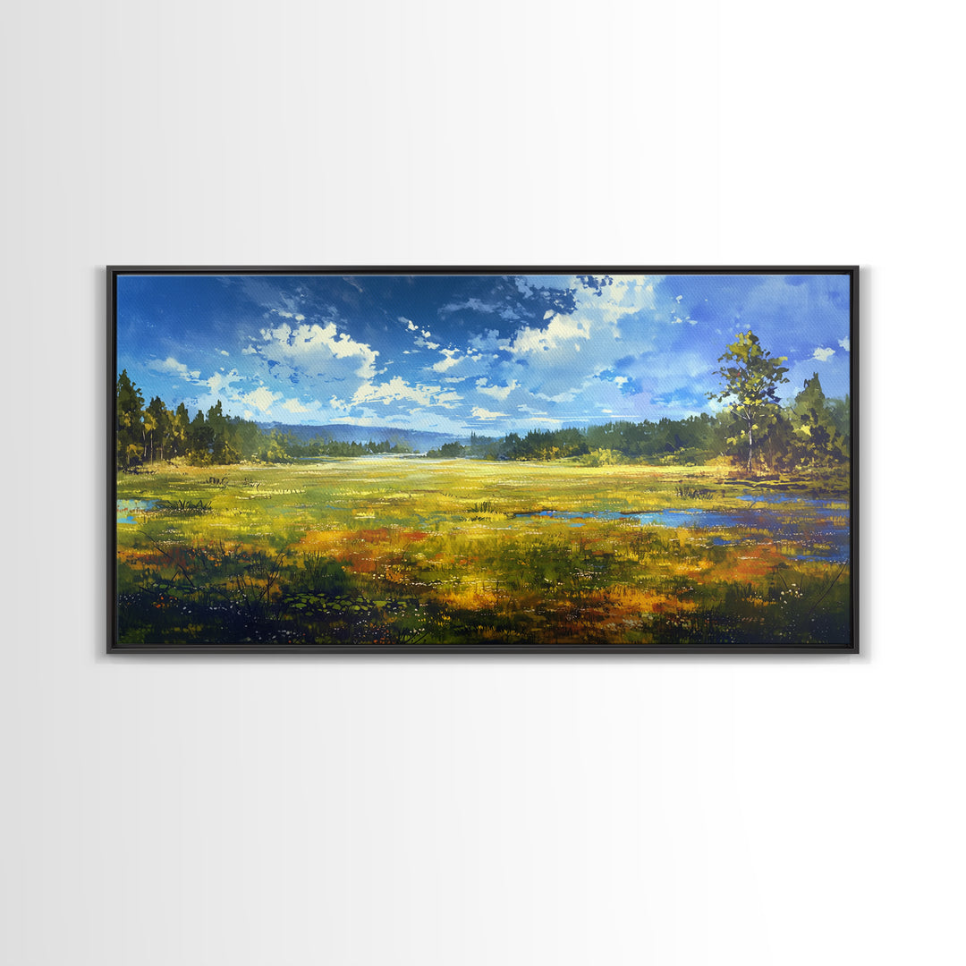 Sunlit Meadow with Loose Impressionist Brushwork Canvas Print, General Fine Art, Contemporary Art, Living Room Decor, GEN-2x1-10