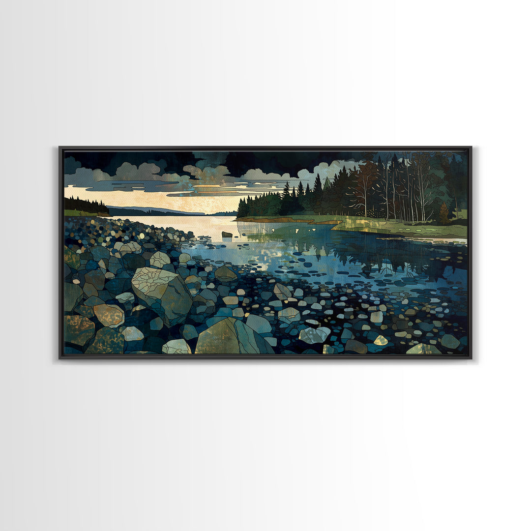 Quiet Abstract River Shape Framed Canvas Print, General Fine Art, Statement Artwork, Living Room Decor, Abstract Art, GEN-2x1-20