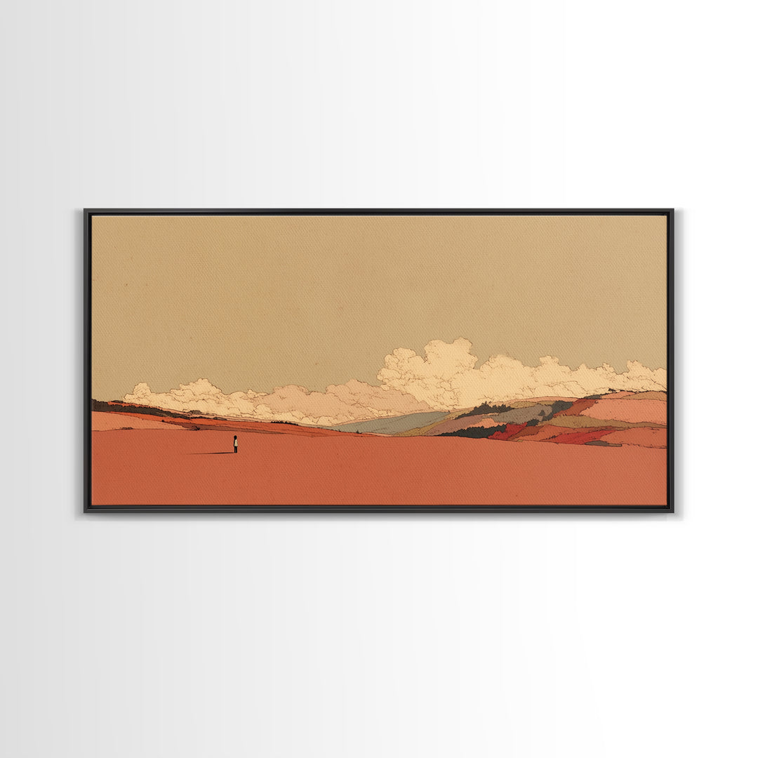 Minimal Black Line Figure on Textured Paper Framed Canvas Print, General Fine Art, Print, Living Room Decor, Fine Art, GEN-2x1-23