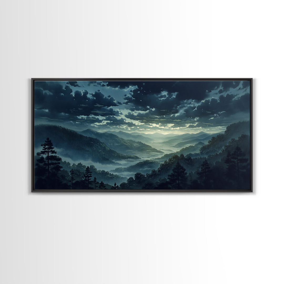 Misty Mountain Valley Framed Canvas Print, General Fine Art, Minimalist Decor, Living Room Decor, Oil Painting, GEN-2x1-24