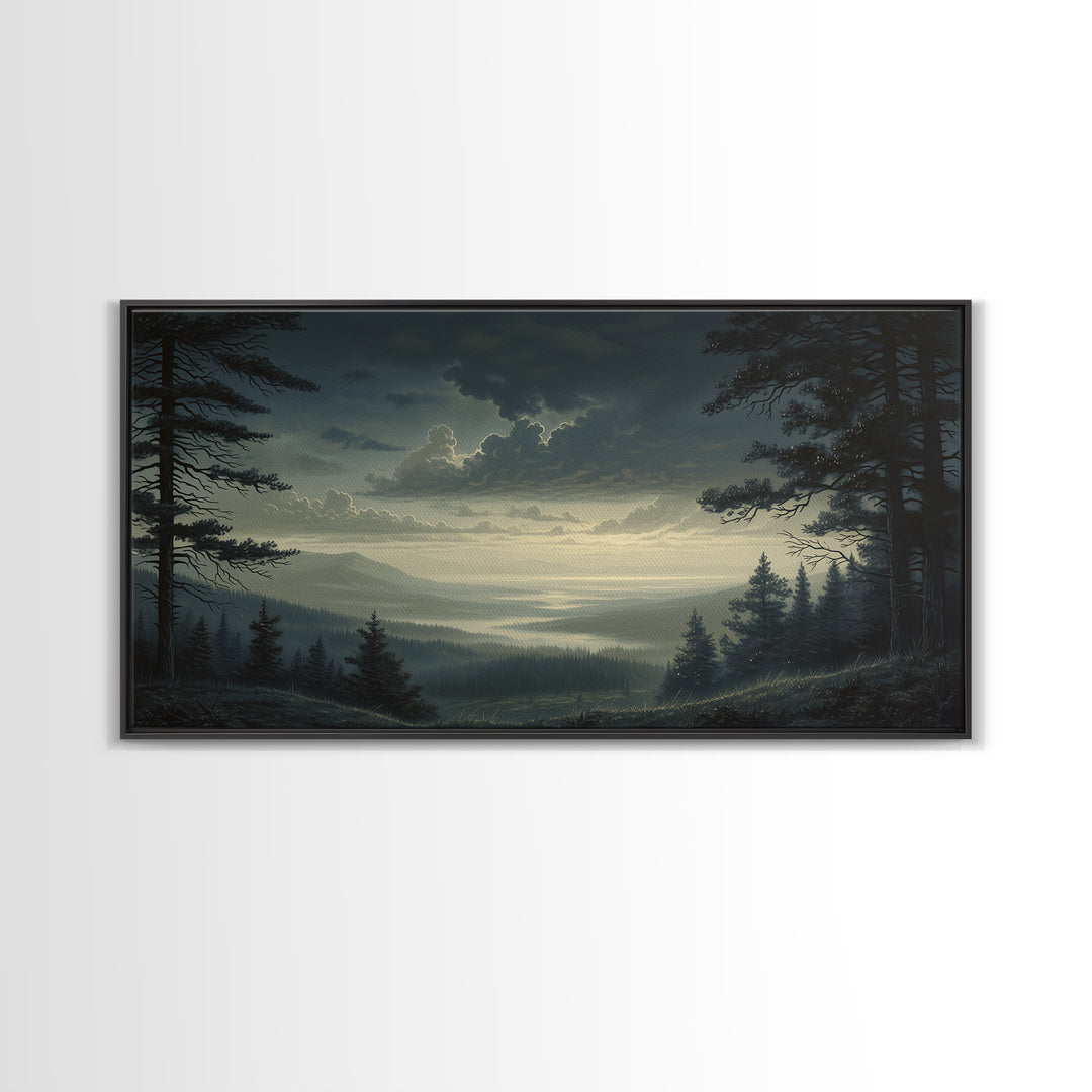 Moody Forest Clearing Framed Canvas Print, General Fine Art, Contemporary Art, Living Room Decor, Fine Art, Digital Art, GEN-2x1-28