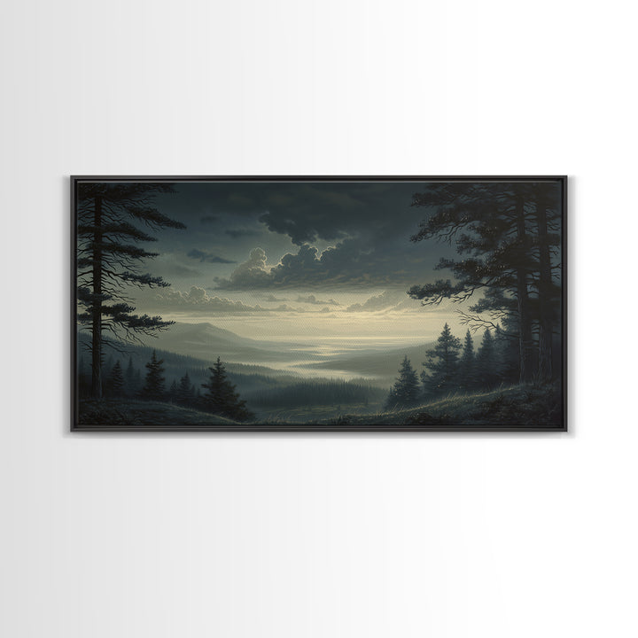 Moody Forest Clearing Framed Canvas Print, General Fine Art, Contemporary Art, Living Room Decor, Fine Art, Digital Art, GEN-2x1-28