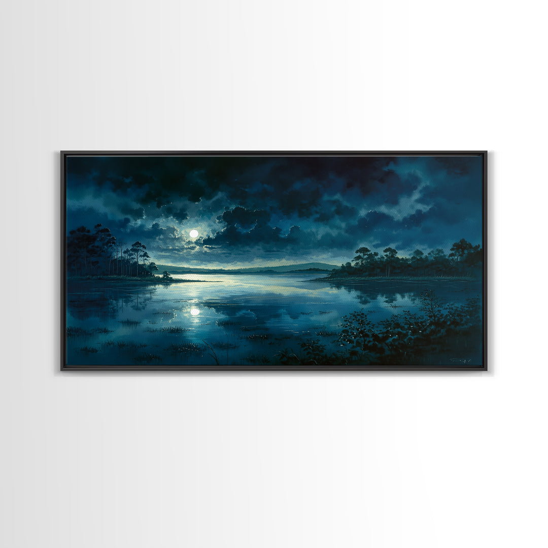 Dreamlike Moonlit Lake Framed Canvas Print, General Fine Art, Art, Living Room Decor, Fine Art, Mid Century Modern, GEN-2x1-33