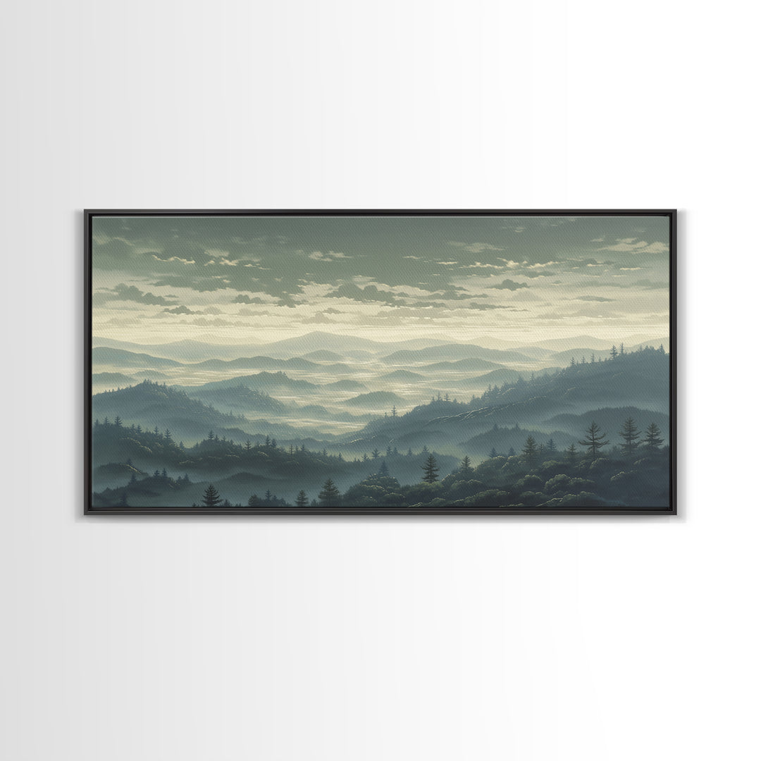 Misty Mountain Valley Framed Canvas Print, General Fine Art, Art Prints, Living Room Decor, Fine Art, Wall Hanging, GEN-2x1-72