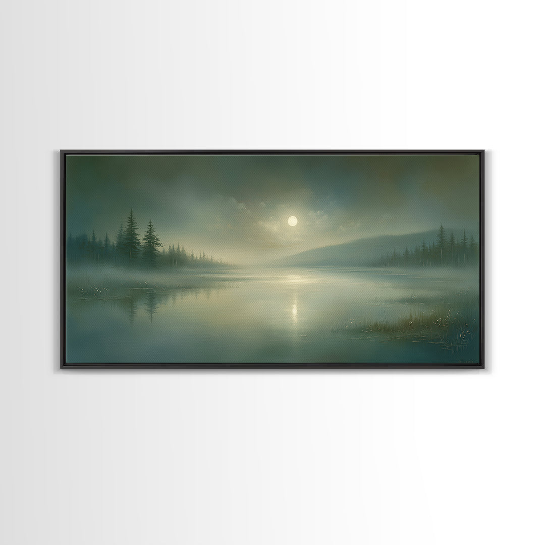 Dreamlike Moonlit Lake Framed Canvas Print, General Fine Art, Wall Art Prints, Living Room Decor, Watercolor Art, GEN-2x1-81
