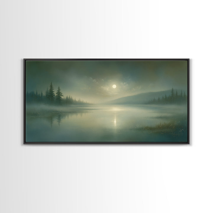 Dreamlike Moonlit Lake Framed Canvas Print, General Fine Art, Wall Art Prints, Living Room Decor, Watercolor Art, GEN-2x1-81