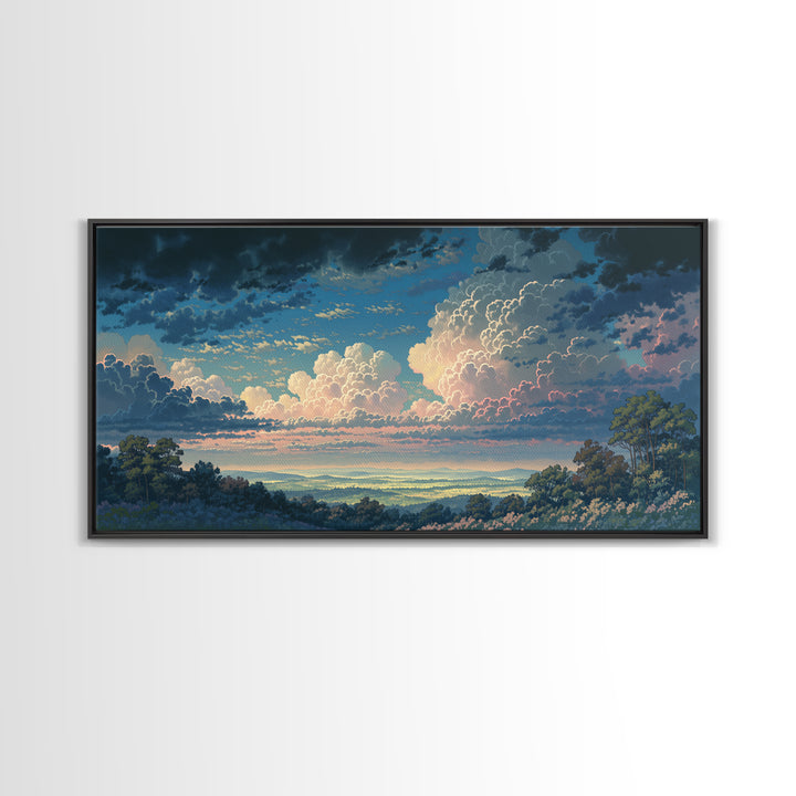 Romantic Cloudscape with Blush and Cream Tones Framed Canvas Print, General Fine Art, Painting, Living Room Decor, Fine Art, GEN-2x1-86