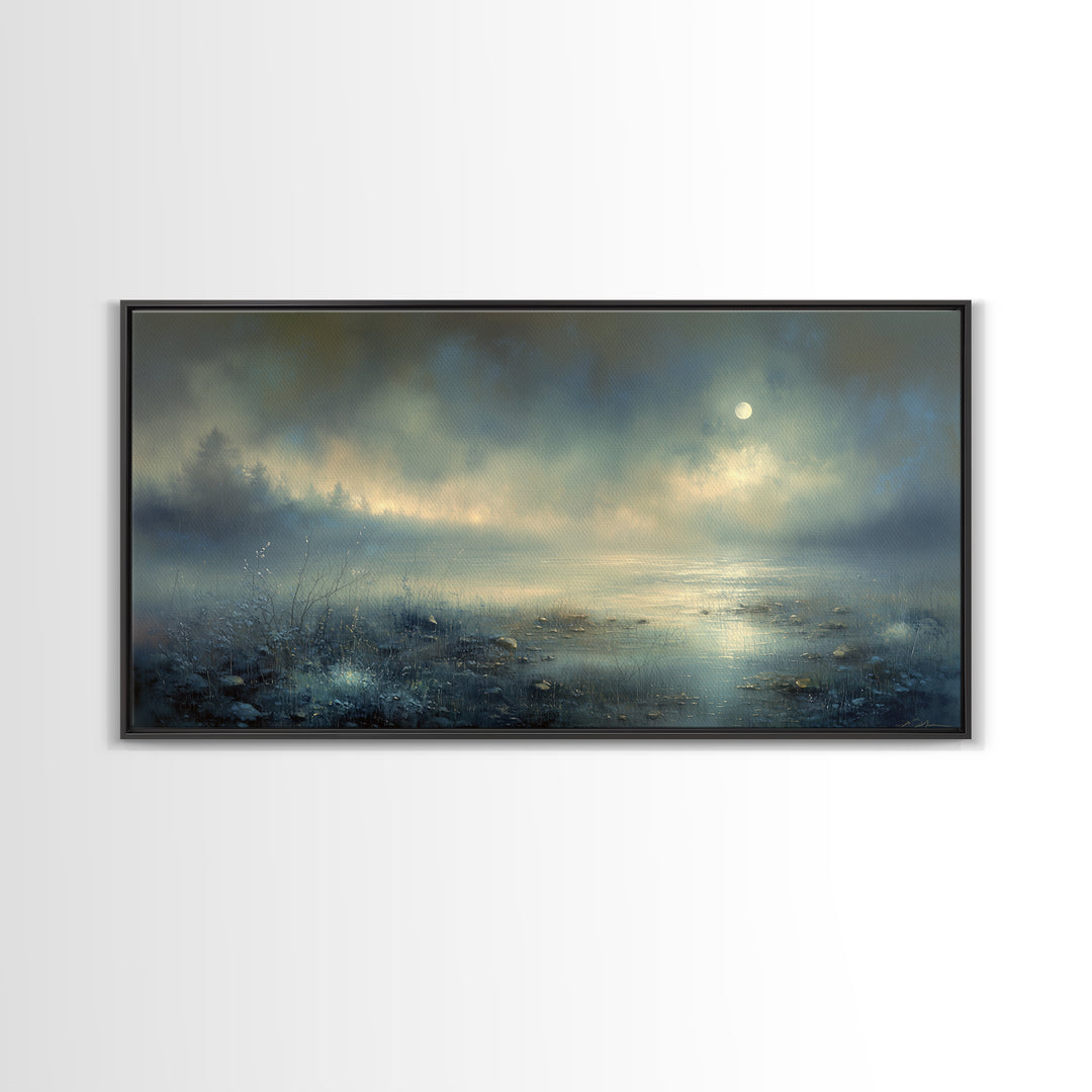 Dreamlike Moonlit Lake Framed Canvas Print, General Fine Art, Art, Living Room Decor, Fine Art, Mid Century Modern, GEN-2x1-9