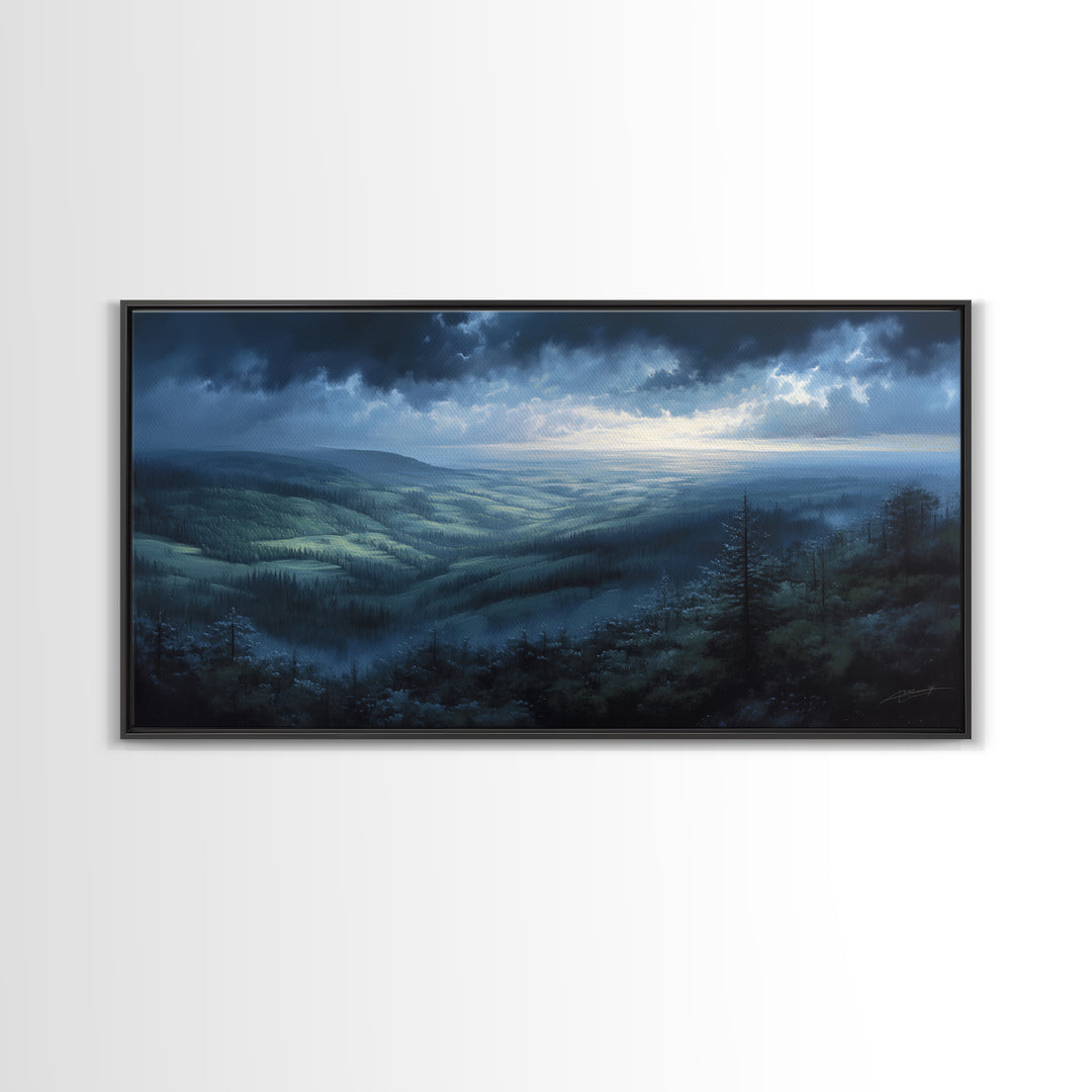Misty Mountain Valley Framed Canvas Print, General Fine Art, Art Deco, Living Room Decor, Fine Art, Fine Art Print, GEN-2x1-96