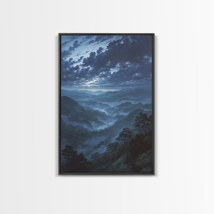 Misty Mountain Valley Framed Canvas Print, General Fine Art, Decor, Living Room Decor, Fine Art, Digital Wall Art, GEN-2x3-12
