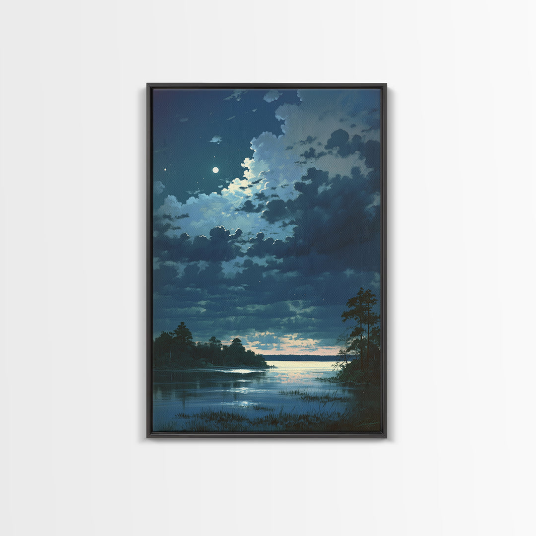 Dreamlike Moonlit Lake Framed Canvas Print, General Fine Art, Decor, Living Room Decor, Fine Art, Digital Wall Art, GEN-2x3-21