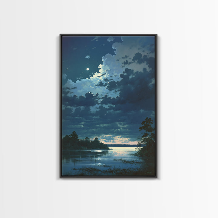Dreamlike Moonlit Lake Framed Canvas Print, General Fine Art, Decor, Living Room Decor, Fine Art, Digital Wall Art, GEN-2x3-21