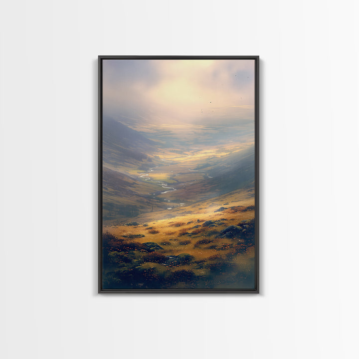 Misty Mountain Valley Framed Canvas Print, General Fine Art, Digital Print, Living Room Decor, Watercolor Art, GEN-2x3-36