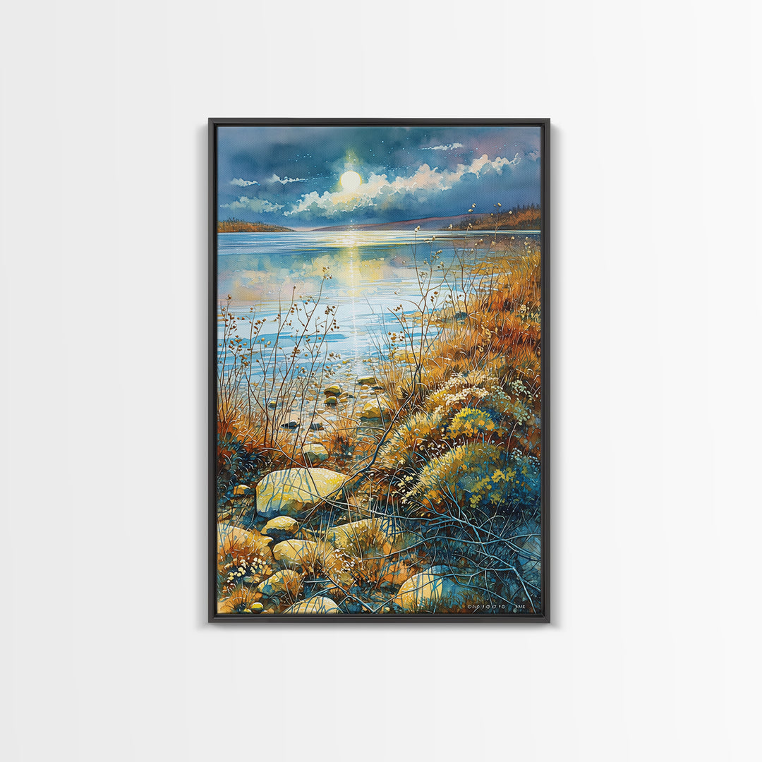 Dreamlike Moonlit Lake Canvas Print, General Fine Art, Printable, Living Room Decor, Oil Painting, Framed Wall Art, GEN-2x3-45