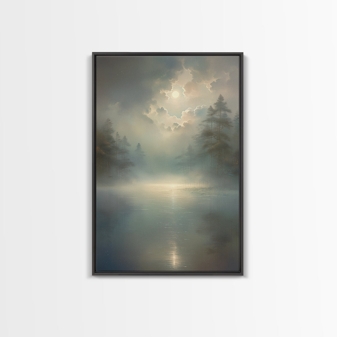 Dreamlike Moonlit Lake Framed Canvas Print, General Fine Art, Oil Painting, Living Room Decor, Fine Art, Gallery Decor, GEN-2x3-69