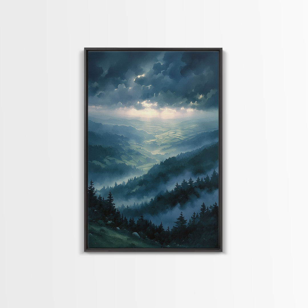 Misty Mountain Valley Framed Canvas Print, General Fine Art, Modern Decor, Living Room Decor, Fine Art, Poster, GEN-2x3-84