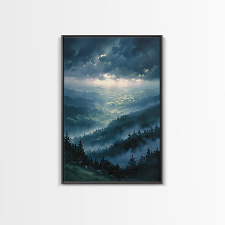 Misty Mountain Valley Framed Canvas Print, General Fine Art, Modern Decor, Living Room Decor, Fine Art, Poster, GEN-2x3-84