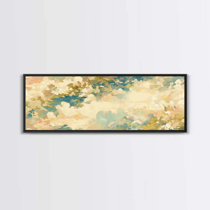 Romantic Cloudscape with Blush and Cream Tones Framed Canvas Print, General Fine Art, Painting, Living Room Decor, Fine Art, GEN-3x1-10