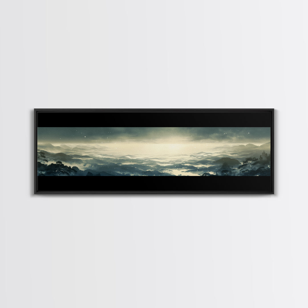 Elegant Ink Wash Landscape Framed Canvas Print, General Fine Art, Framed Wall Art, Living Room Decor, Watercolor Art, GEN-3x1-12