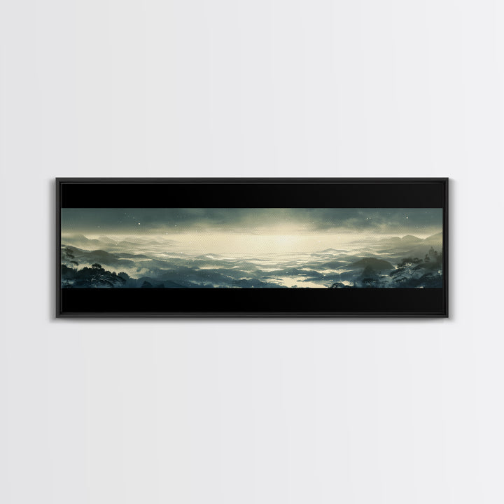 Elegant Ink Wash Landscape Framed Canvas Print, General Fine Art, Framed Wall Art, Living Room Decor, Watercolor Art, GEN-3x1-12