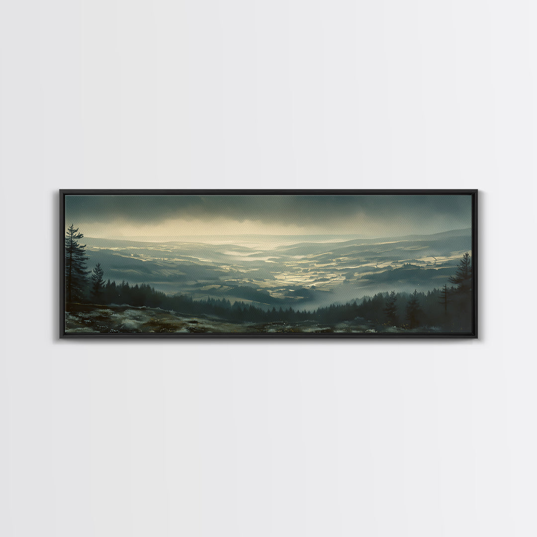 Misty Mountain Valley Framed Canvas Print, General Fine Art, Modern Decor, Living Room Decor, Fine Art, Poster, GEN-3x1-44