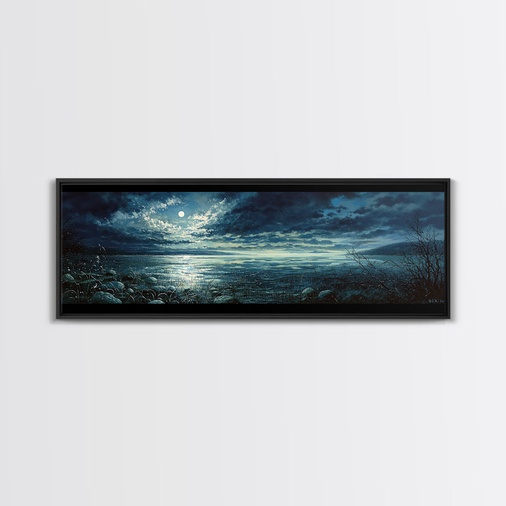 Dreamlike Moonlit Lake Framed Canvas Print, General Fine Art, Wall Art Prints, Living Room Decor, Watercolor Art, GEN-3x1-5